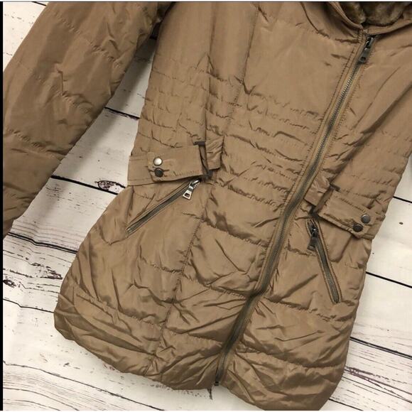 Ultim8 taupe tan faux fur lined Neck belted puffer parka Length Jacket Coat Sz M - Picture 4 of 7